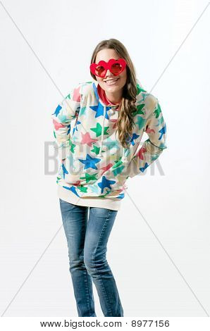 Happy Woman In Hoody On White Background
