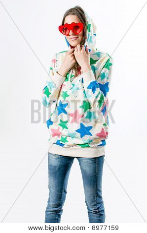 Happy Woman In Hoody On White Background