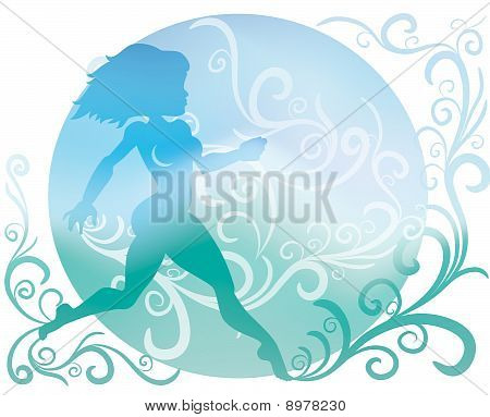 Hintergrund mit Silhouette der laufenden Mädchen und Ornament