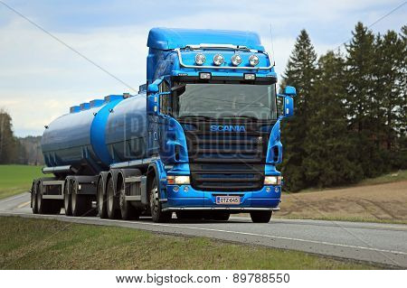 Blue Scania R500 Tank Truck On The Road At Spring