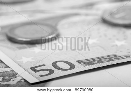 Closeup Of Euro Banknotes And Coins