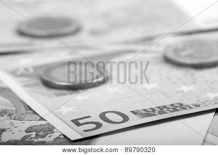 Closeup Of Euro Banknotes And Coins