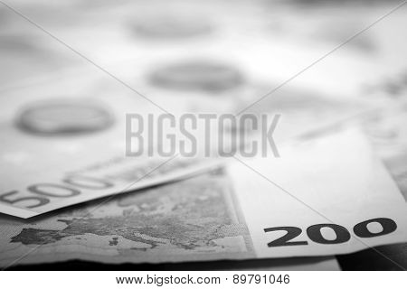 Closeup Of Euro Banknotes And Coins