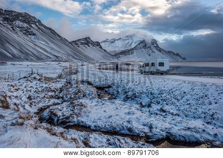 Iceland, Vestrahorn Mount And Black Sand Over The Ocean. Amazing And Wild Outdoor Landscape