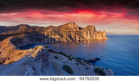 Colorful summer sunrise on the Black sea in Cremea
