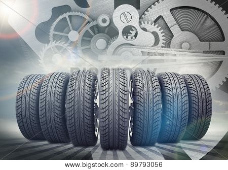 Car wheels set on abstract background