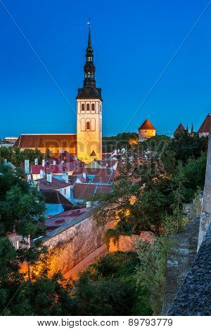 Talinn Old Town And Saint Nicholas (niguliste) Church In The Evening, Tallinn, Estonia