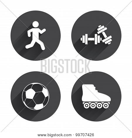 Football ball, Roller skates, Running icons.