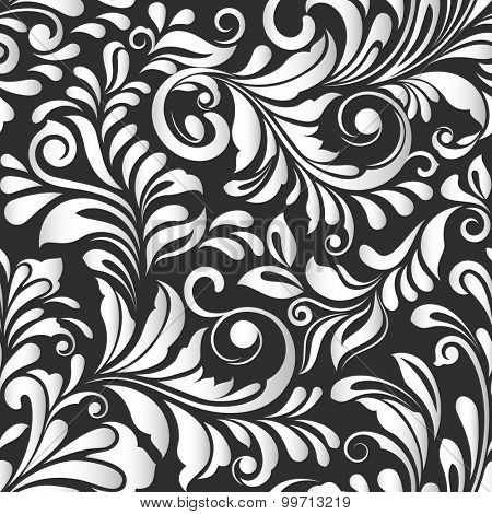 Seamless leaves black and white monochrome vector pattern.