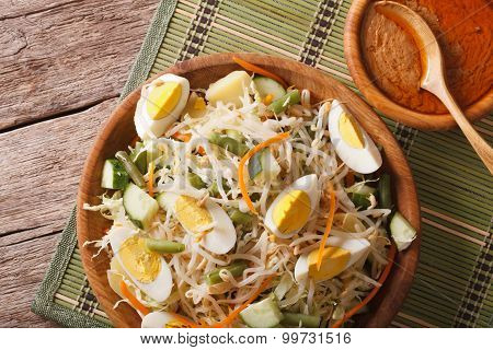 Traditional Indonesian Salad Gado-gado Closeup. Horizontal Top View