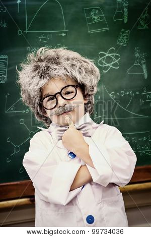 Math and science doodles against pupil wearing peruke and eyeglasses