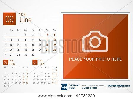 Desk Calendar 2016. Vector Print Template. June. Week Starts Monday