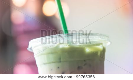 Ice Matcha Latte Cup In Cafe Pastel Tone