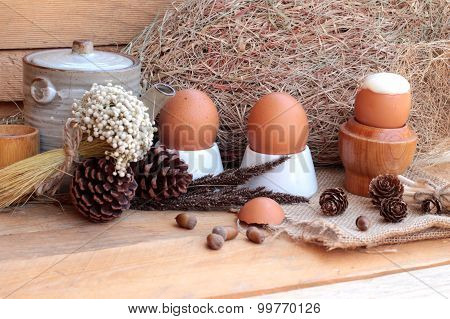 Soft-boiled Egg And Eggs On Wood Background