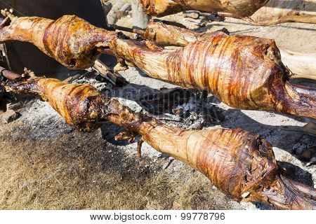 Baking Lamb Outdoors In Bulgaria