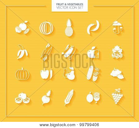 Fruit and Vegetables icon set. White silhouettes with soft shadows.