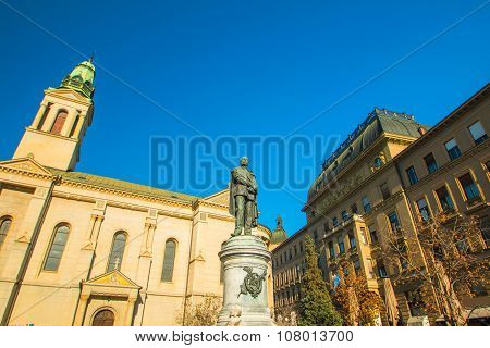 Monument of Croatian poet Petar Preradovic on Preradovic square (Flower square) and Serbian orthodox