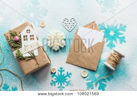 Cute Vintage Christmas New Year Gifts Mock Up On Wooden Background.