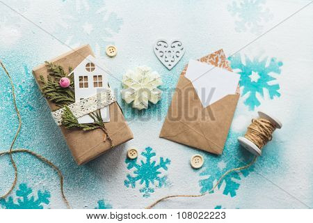 Cute Vintage Christmas New Year Gifts Mock Up On Wooden Background.