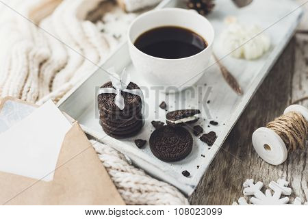 Cute Vintage Christmas New Year Gifts Mock Up On Wooden Background.