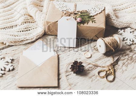 Cute Vintage Christmas New Year Gifts Mock Up On Wooden Background.