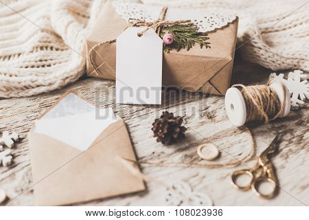Cute Vintage Christmas New Year Gifts Mock Up On Wooden Background.