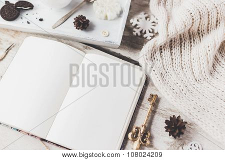 Cute Vintage Christmas New Year Gifts Mock Up On Wooden Background.