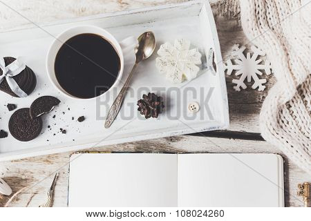 Cute Vintage Christmas New Year Gifts Mock Up On Wooden Background.