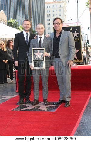 LOS ANGELES - NOV 12:  Chris Hardwick, Daniel Radcliffe, Chris Columbus at the Daniel Radcliffe Hollywood Walk of Fame Ceremony at the Hollywood Walk of Fame on November 12, 2015 in Los Angeles, CA