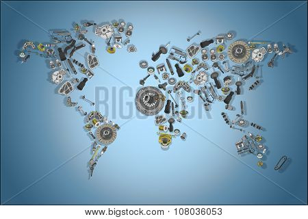 Draw a map of the world made up of spare parts