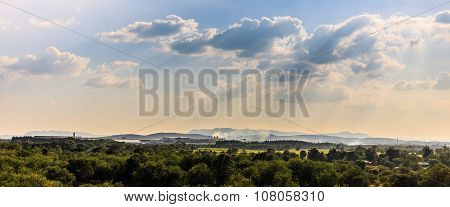 Panorama landscape Nuture Sky tree meadow and Factory. This image show between clean industrial factory can coexist nuture peaceful and beautiful