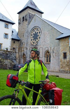 Roncesvalles begin of Way of Sain James biking in Navarra Pyrenees