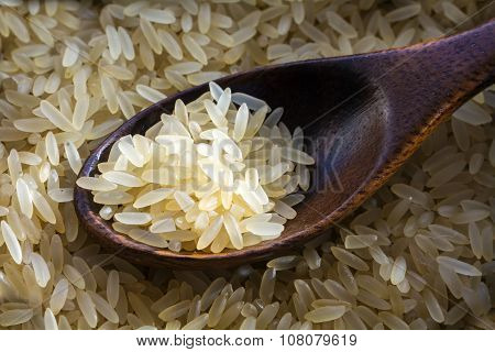 Wooden Spoon With Parboiled Rice, Closeup Shot