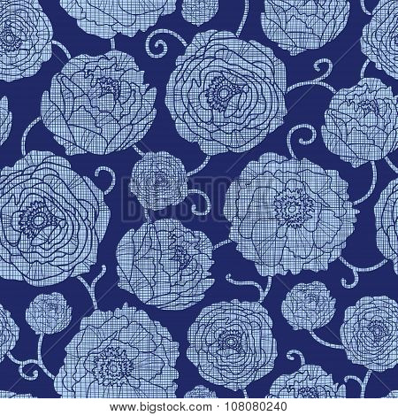 Vector Navy Textile Peonies Light Flowers Seamless Pattern. Denim, textured, elegant, modern, floral