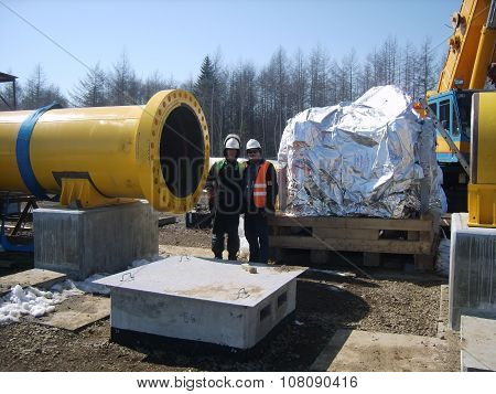 Russia, Yuzhno-Sakhalinsk - November 17, 2014: Construction of an oil and gas pipeline. Industrial equipment.