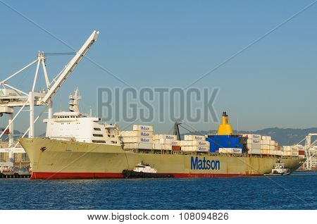 Alameda, CA - March 9, 2015: Oakland Container Shipyard, San Francisco Bay the Matson container ship 