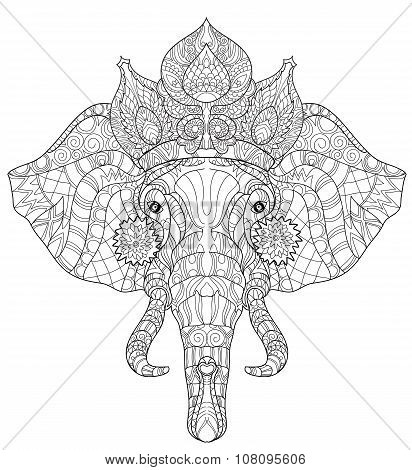 Elephant head doodle on white vector sketch.