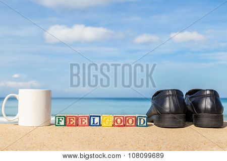 Word Feelgood In Colorful Alphabet Blocks On Tropical Beach