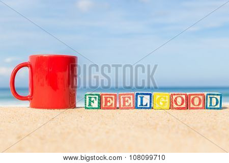 Word Feelgood In Colorful Alphabet Blocks On Tropical Beach