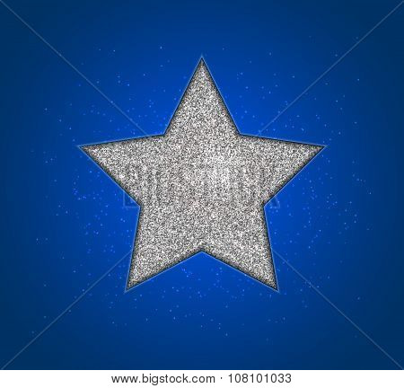 Silver shining star, blue background. Design christmas card