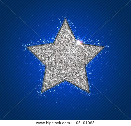 Silver shining star with reflection. Christmas greeting card