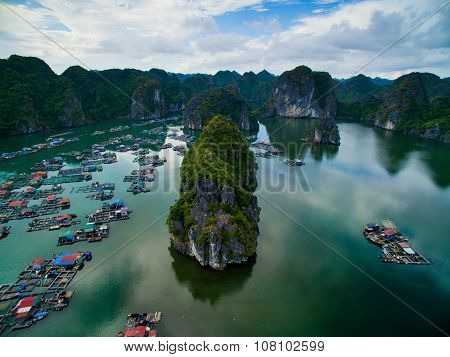 Aerial view of floating villages around Cat Ba islands
