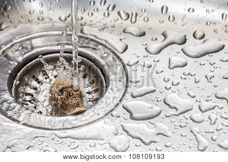 Water Running Down The Drain, Deep Sinkhole With Skull.