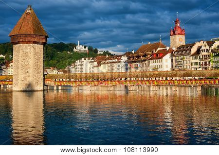 Lucerne, Switzerland, View Over The Old Town With Chapel Bridge, Water Tower, Gutsch Palace