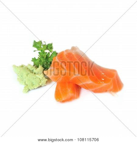 Salmon. Fresh Raw Salmon Fish Slice With Parsley And Vasabi Isolated On A White Background
