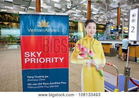SINGAPORE - NOVEMBER 09, 2015: check-in zone at Changi Airport. Singapore Changi Airport, is the primary civilian airport for Singapore, and one of the largest transportation hubs in Southeast Asia
