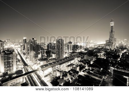 Night cityscape view of Bangkok, in black and white