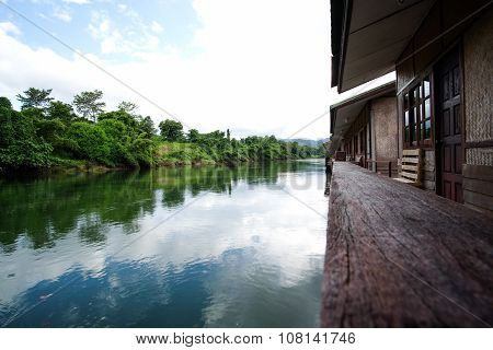 A raft resort on the river in Kanchanaburi, Thailand