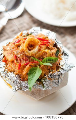 Thai Food, Steam Seafood With Curry Paste Cakes In Coconut Shell (haw Mok Thalay)