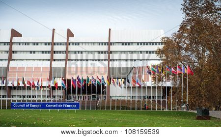 STRASBOURG FRANCE - 14 Nov 2015: All European Union Flag flies at half-mast in front of the Council of Europe following an terrorist attack in Paris